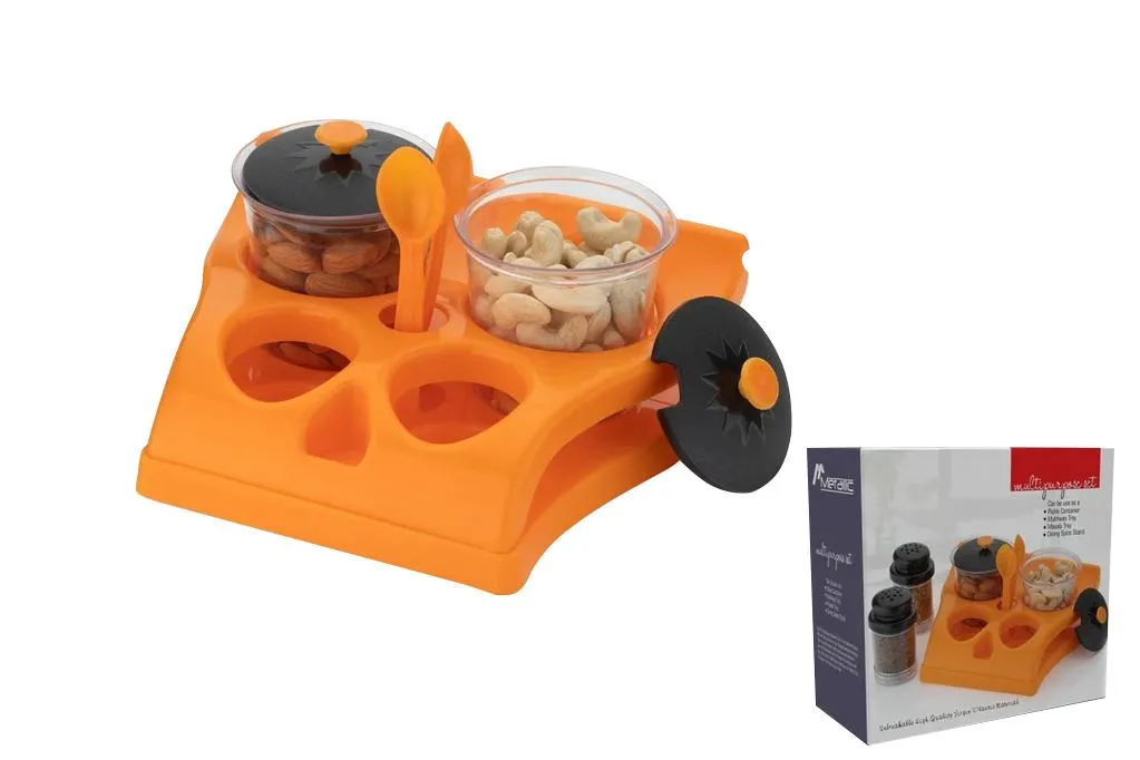 078 Plastic Aachar Pickle Container / Chutney / Mukhwas Tray / Masala Tray / Dining Spice Stand (Set of 4 Jar, 2 Spoon, 1 Tray,)