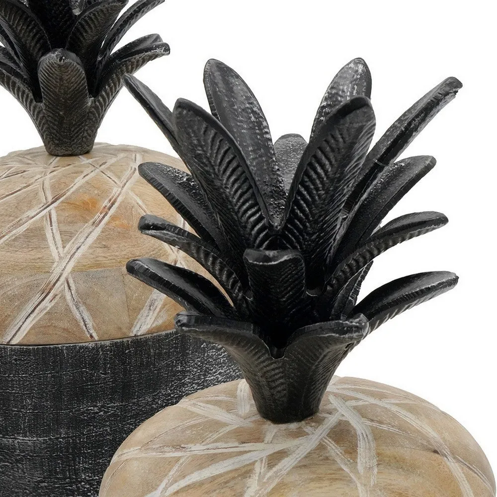 14, 12, 11 Inch Lidded Jar, Pineapple Design, Gray Mango Wood, Set of 3 By Casagear Home