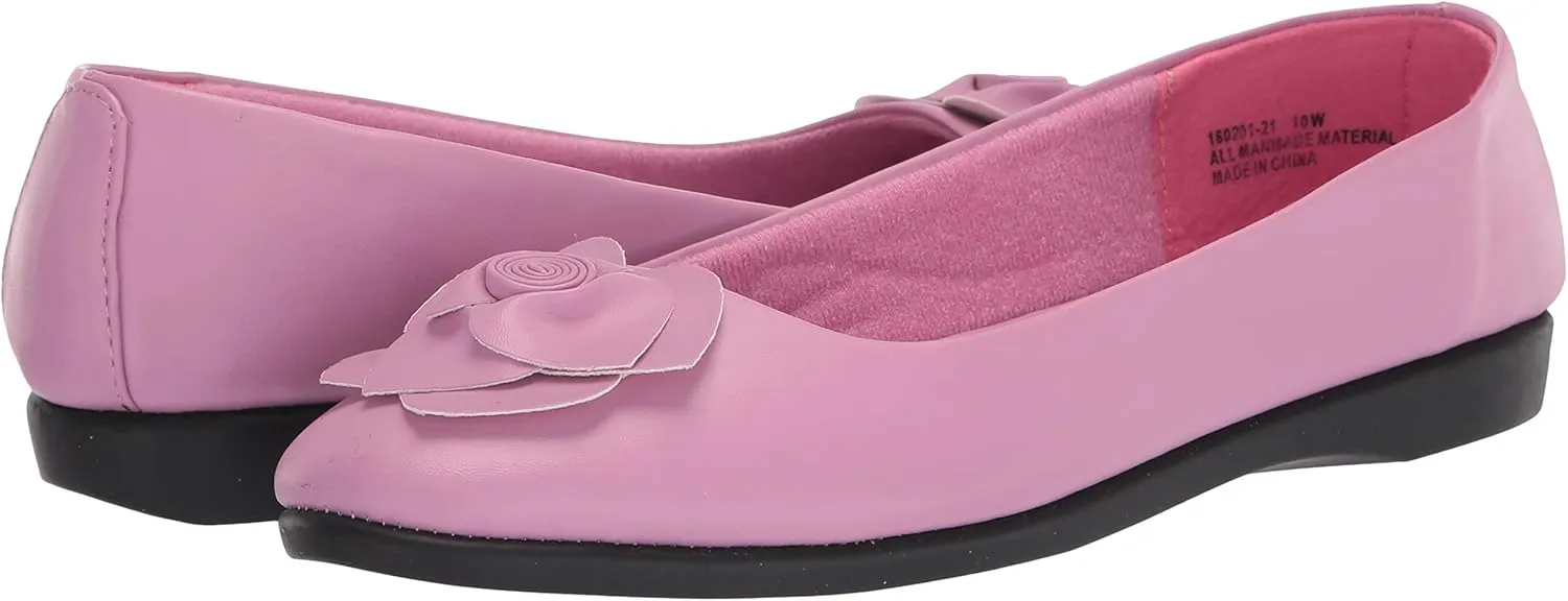 AmeriMark Classic Women Slip-On Rose Ballet Flat  Ladies Comfortable No-Skid Arch Support Dress Shoe with Floral Accents