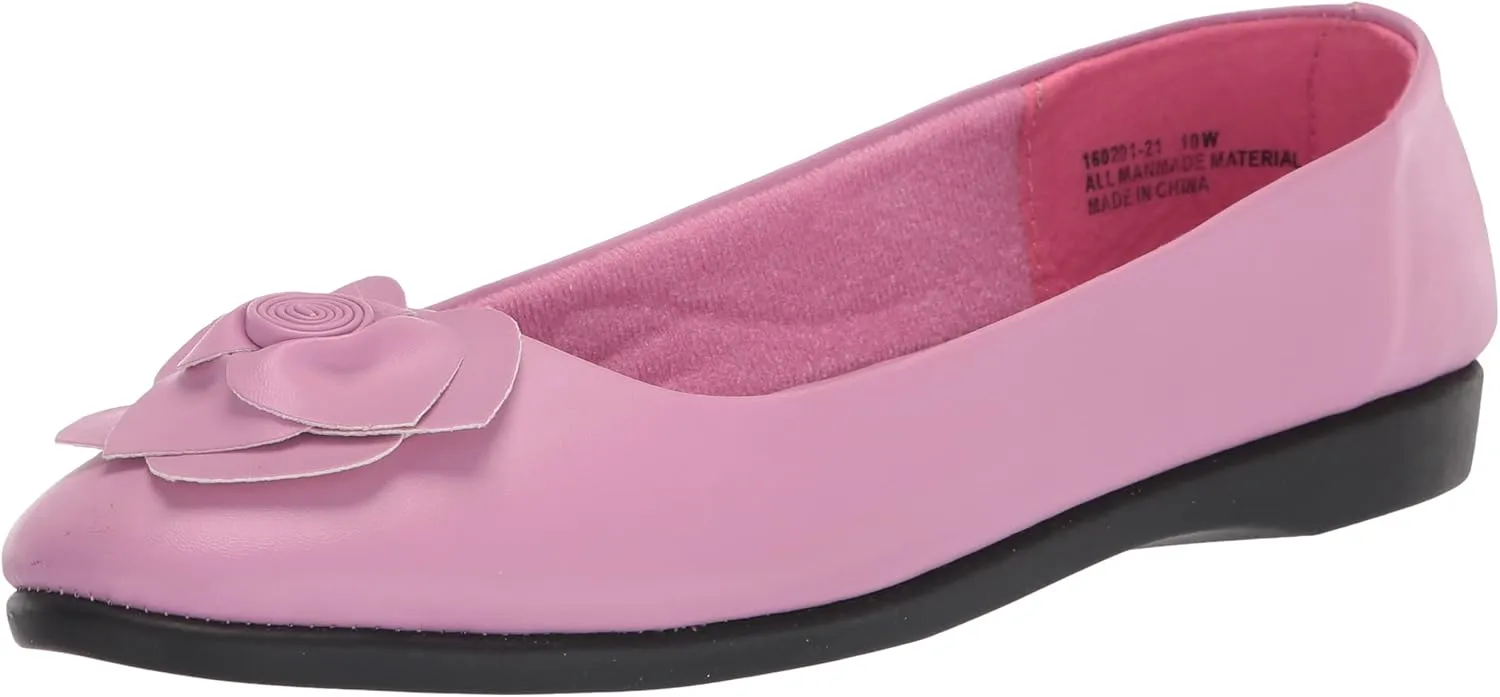 AmeriMark Classic Women Slip-On Rose Ballet Flat  Ladies Comfortable No-Skid Arch Support Dress Shoe with Floral Accents
