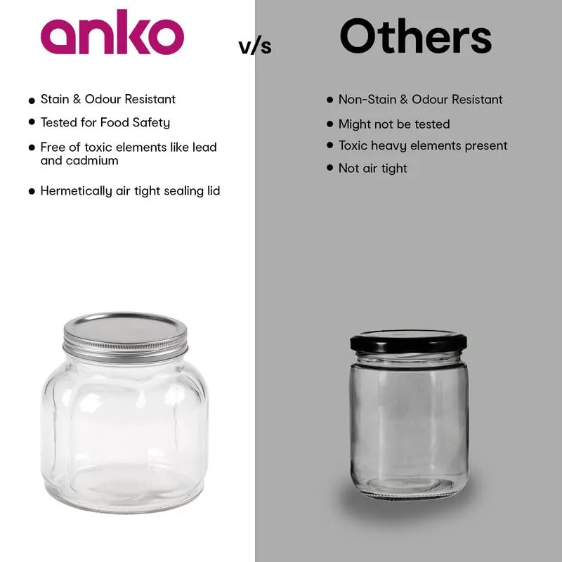 Anko 700ml Clear Fluted Glass Jar for Kitchen Storage | Set of 6 | Airtight Container Set for Kitchen with Corrosion Resistant Tin Lid | Dishwasher Safe Kitchen Storage Container Set for Flour/Cereal