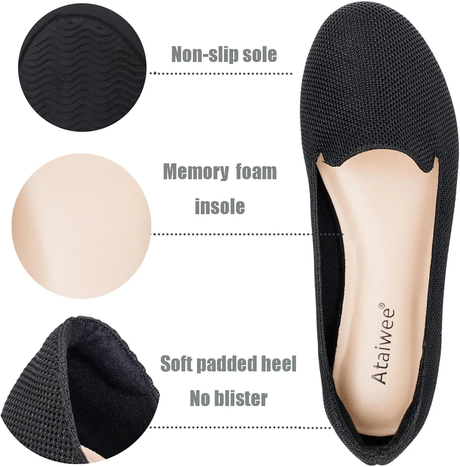 Ataiwee Women's Wide Width Flat Shoes - Casual Round Toe Breathable Plus Size Comfortable Non-Slip Loafers.
