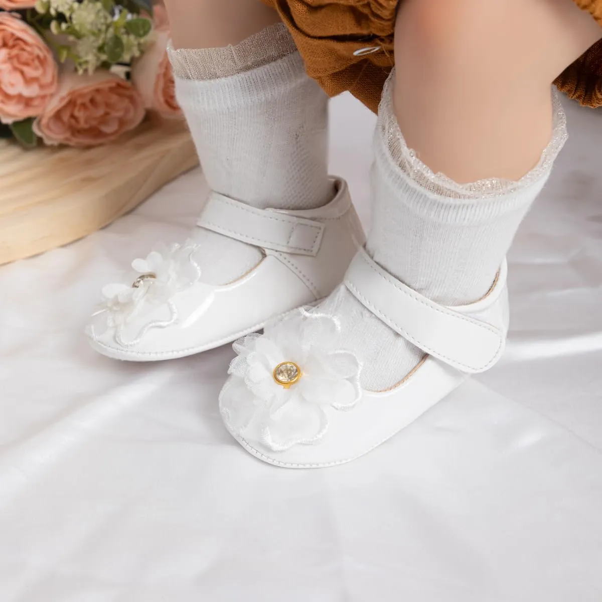 Baby Girls Soft Princess Dress Flats Shoes Infant Wedding Mary Jane Anti-Slip First Walker Newborn Shoe Baptism Christening Texture Sole Sneaker Shoes