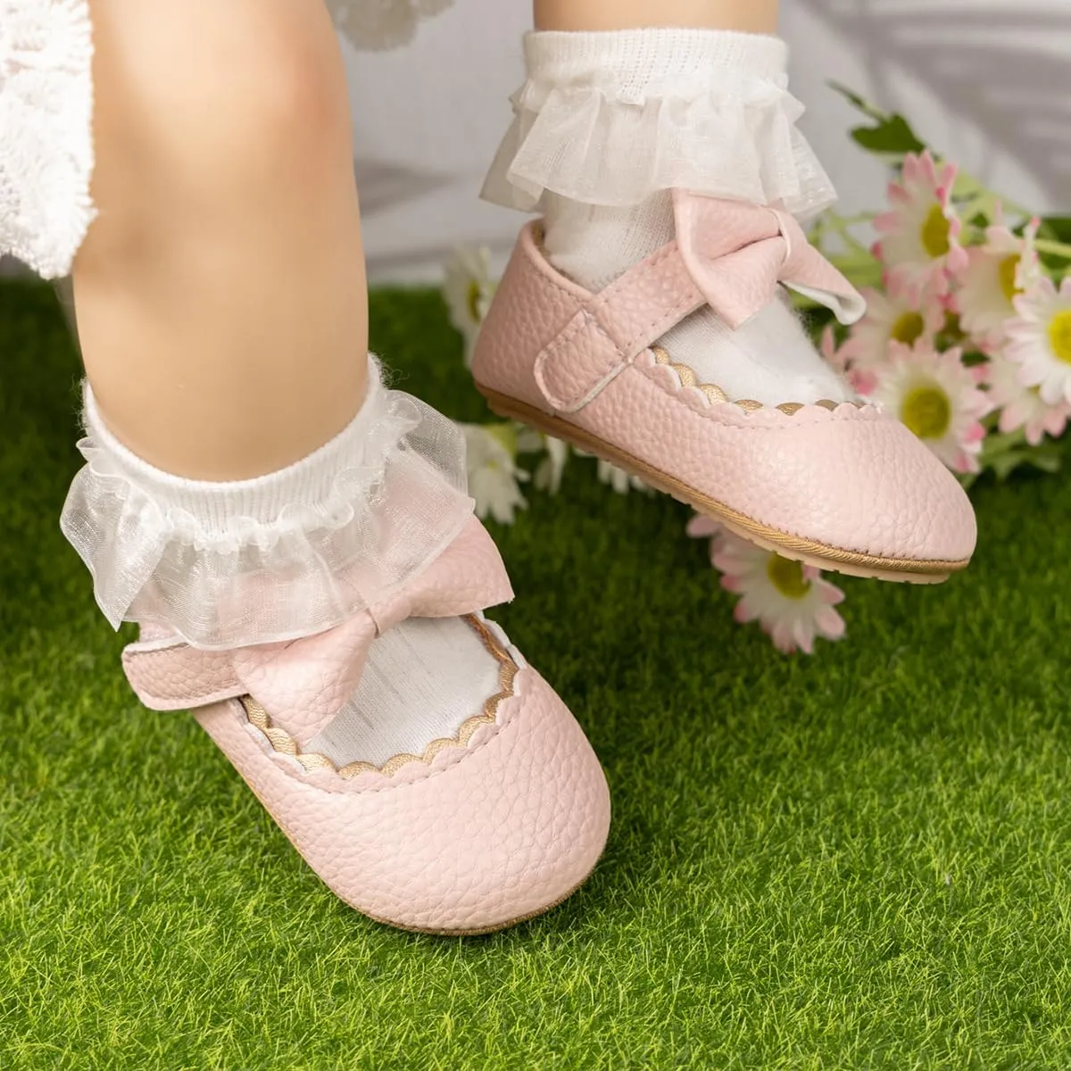 Baby Girls Soft Princess Dress Flats Shoes Infant Wedding Mary Jane Anti-Slip First Walker Newborn Shoe Baptism Christening Texture Sole Sneaker Shoes