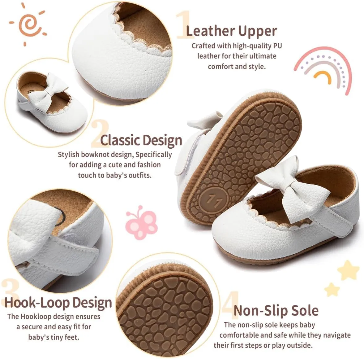 Baby Girls Soft Princess Dress Flats Shoes Infant Wedding Mary Jane Anti-Slip First Walker Newborn Shoe Baptism Christening Texture Sole Sneaker Shoes