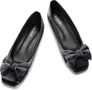 Ballet Flats for Women ; Square Toe Mary Jane Flats ; Satin Material Ballet Shoes ; Bowknot Elegant Dressy Women Shoes