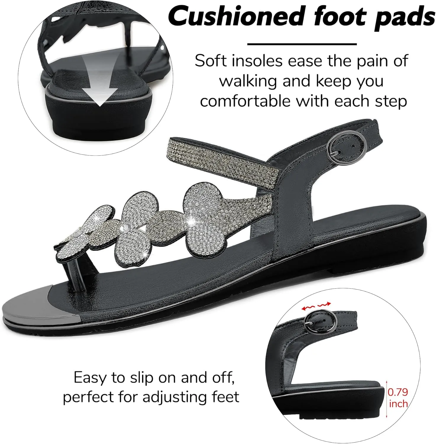 CARETOO Women's Bohemia Flat Sandals, Ladies Summer Beach T-Strap Flip Flop Sparkling Rhinestone Walking Shoes Casual