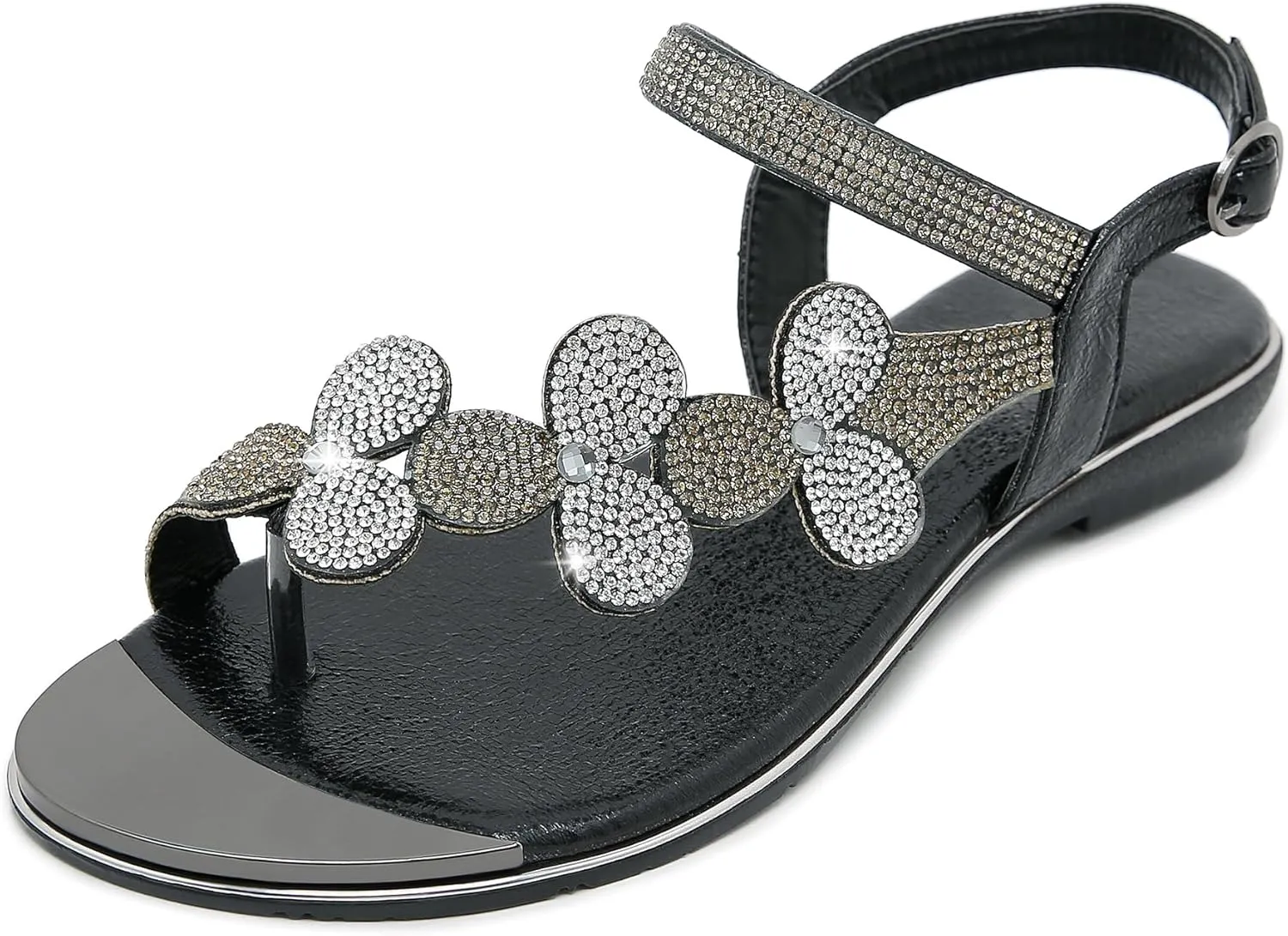 CARETOO Women's Bohemia Flat Sandals, Ladies Summer Beach T-Strap Flip Flop Sparkling Rhinestone Walking Shoes Casual