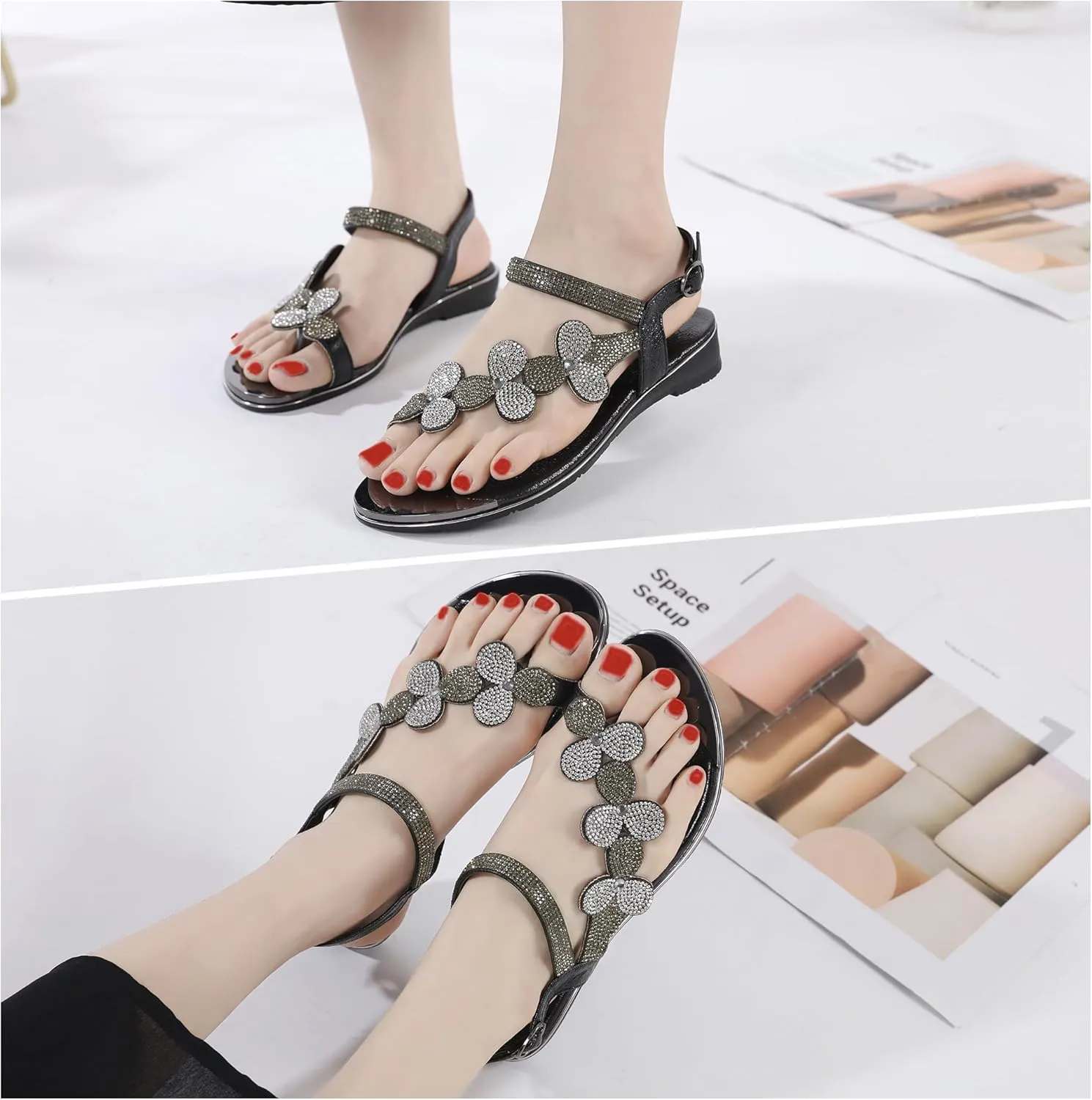 CARETOO Women's Bohemia Flat Sandals, Ladies Summer Beach T-Strap Flip Flop Sparkling Rhinestone Walking Shoes Casual