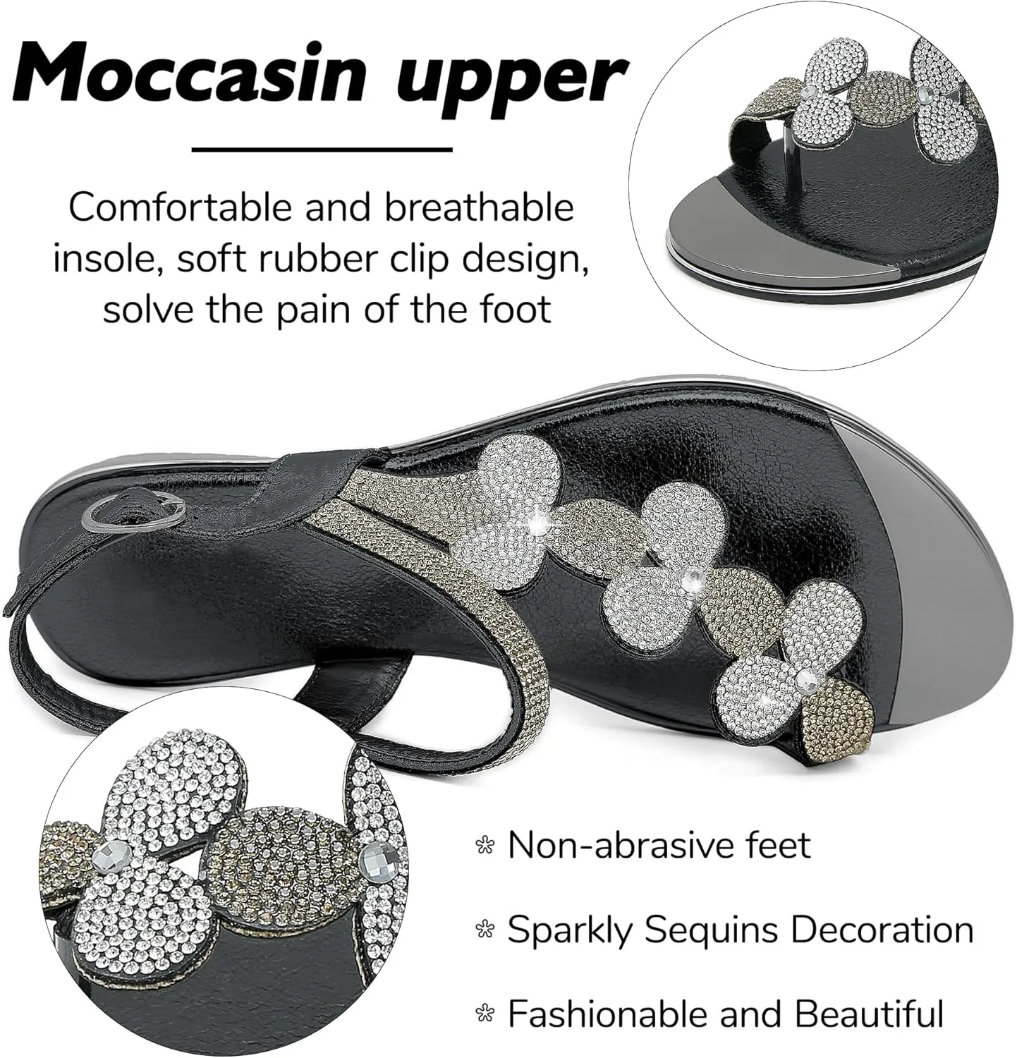 CARETOO Women's Bohemia Flat Sandals, Ladies Summer Beach T-Strap Flip Flop Sparkling Rhinestone Walking Shoes Casual