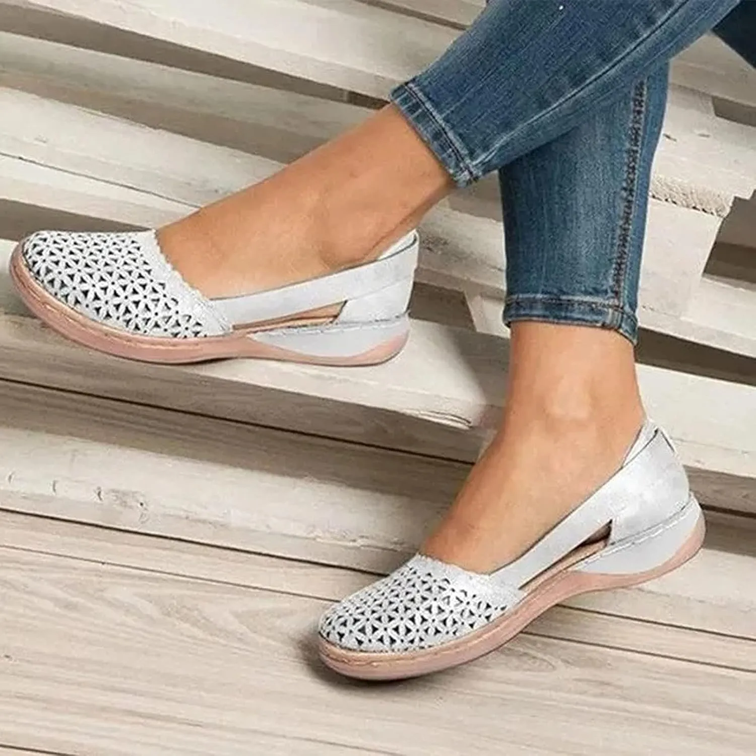 Closed Toe Sandals Women Hollow Out Shoes Orthotic Wedge Flats Sandals Round Toe Casual Slip On Comfort Eyelets Shoes