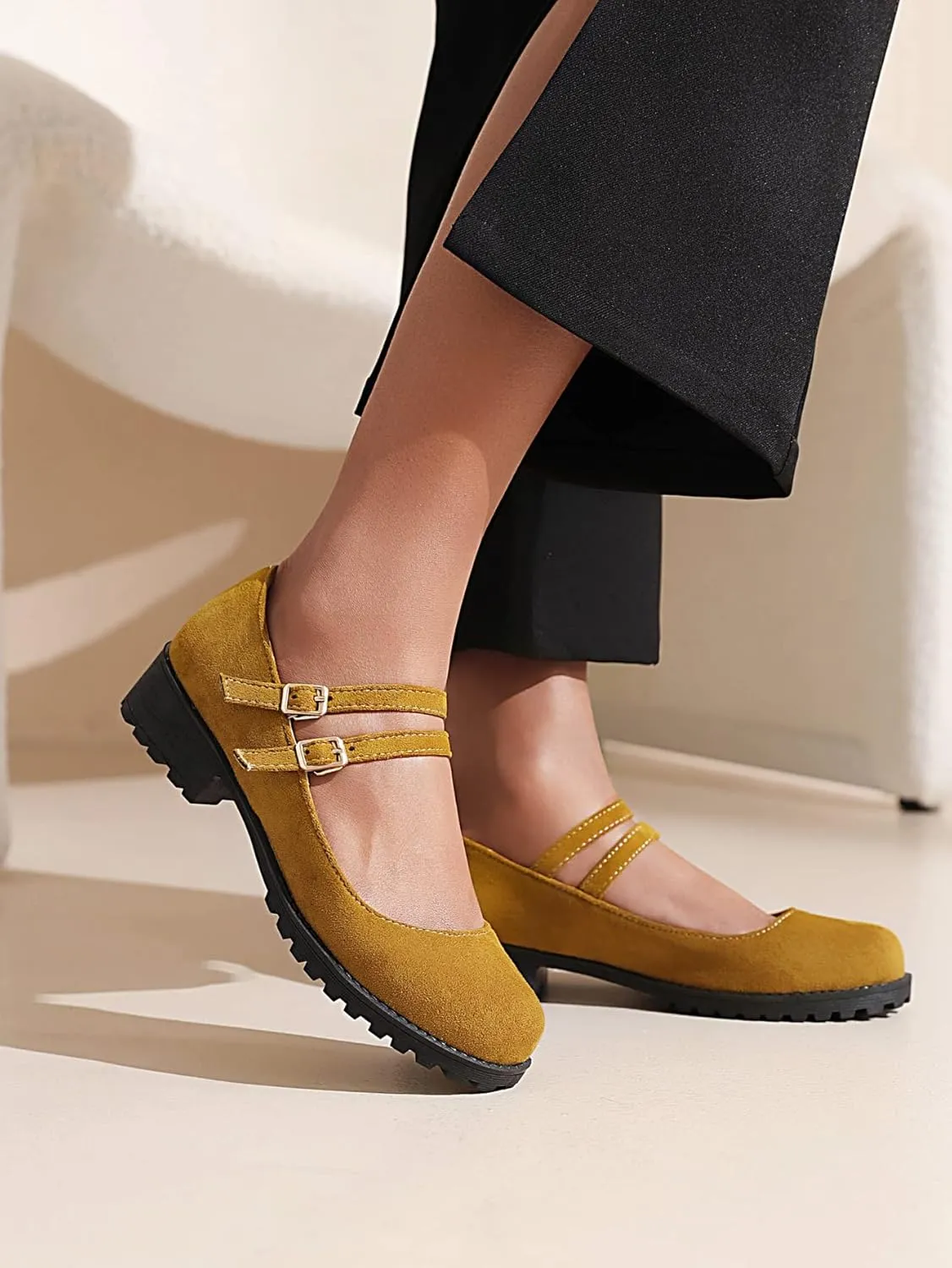 CosyFever Womens DC411 Mary Jane Chunky Low Cut Uppers Imitated Suede Flats