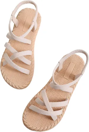 COZYEASE Women's Woven Criss Cross Slingback Sandals Open Toe Vacation Beach Flat Shoes