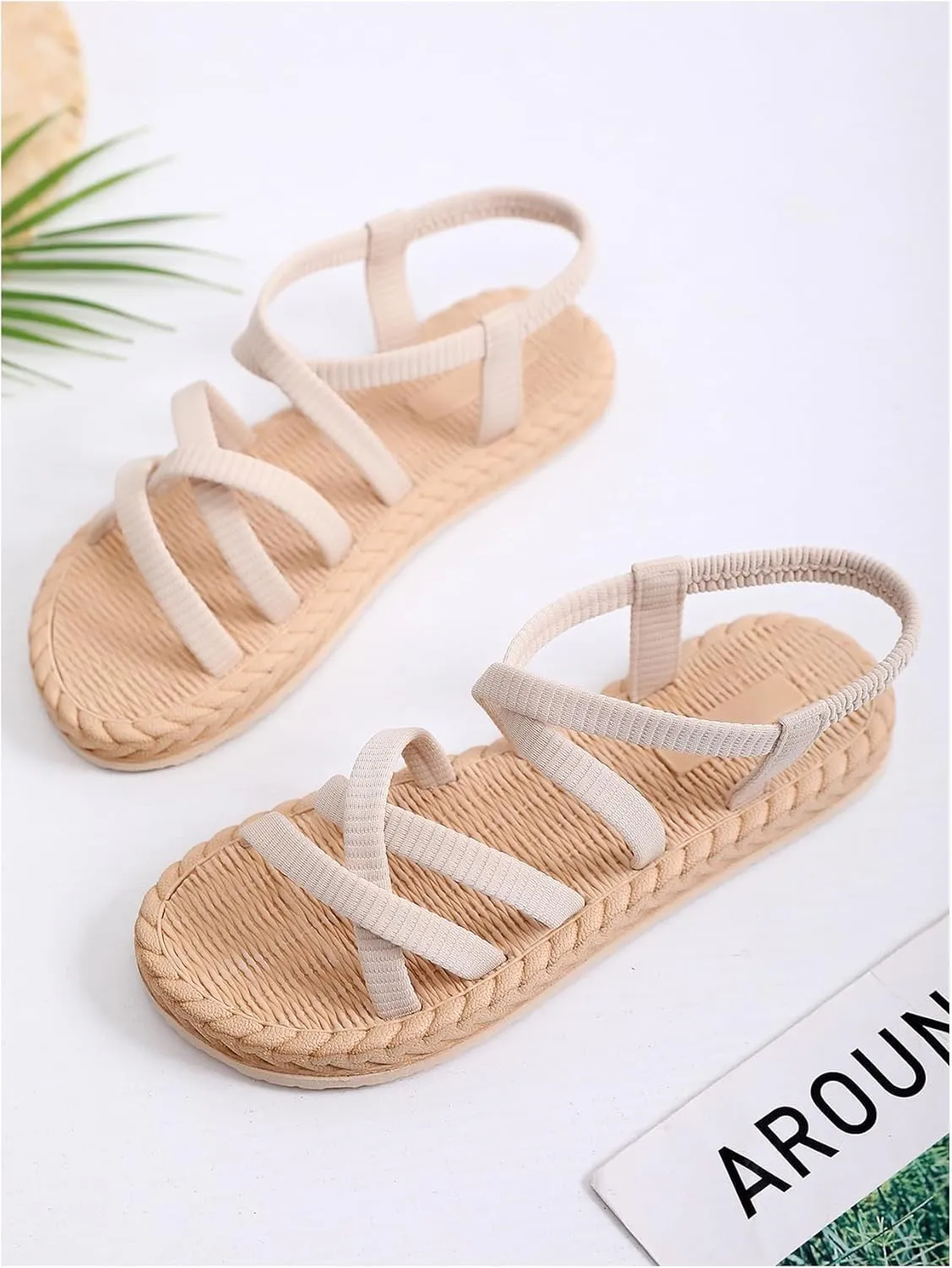 COZYEASE Women's Woven Criss Cross Slingback Sandals Open Toe Vacation Beach Flat Shoes