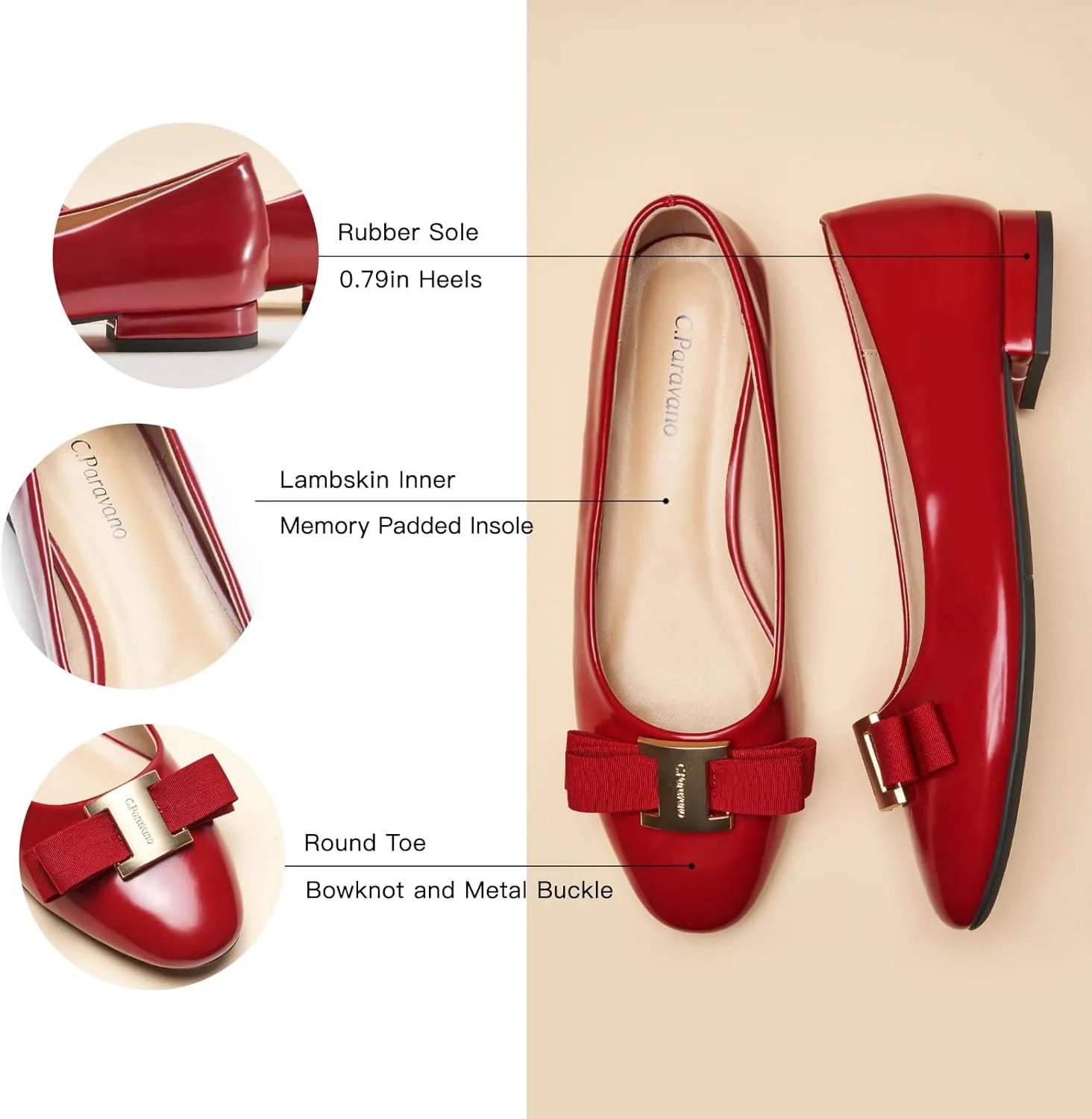 C.Paravano Women's Ballet Flats | Round Toe Bow Accent Shoes with Metallic Buckle | Soft Leather Slip-Ons for Work Commute, Office & Date NightsEvening Events, Business Travel & Dating