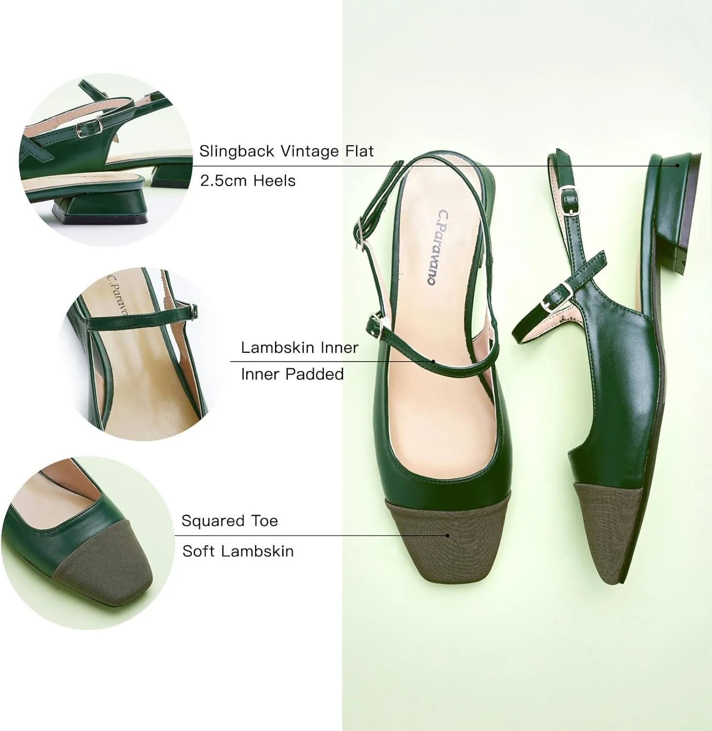 C.Paravano Women's Slingback | Square Toe Slingback Flats | Ankle Strap Flats Sandals | Slip on Casual Flats Shoes | Leather Dress Shoes for Wedding