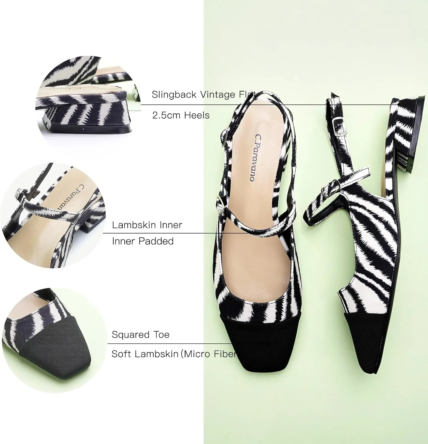 C.Paravano Women's Slingback | Square Toe Slingback Flats | Ankle Strap Flats Sandals | Slip on Casual Flats Shoes | Leather Dress Shoes for Wedding