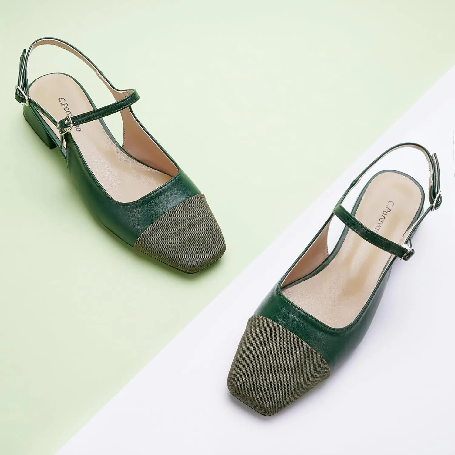 C.Paravano Women's Slingback | Square Toe Slingback Flats | Ankle Strap Flats Sandals | Slip on Casual Flats Shoes | Leather Dress Shoes for Wedding