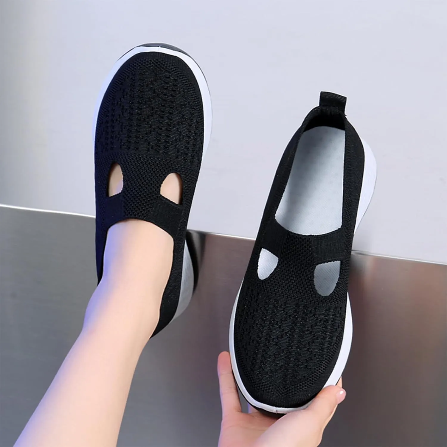 Crepuscute Women's Hollow Out Mesh Orthopedic Loafers Slip On Outdoor Non-Slip Comfort Breathable Fashion Walking Shoes Summer Travel Working Lightweight Flat Causal Shoes