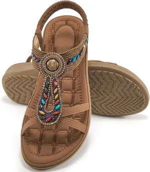 Ecetana Flat Sandals for Women 2025 Dressy Summer Boho Strappy Sandals Comfortable Slip on Beach Walking Shoes