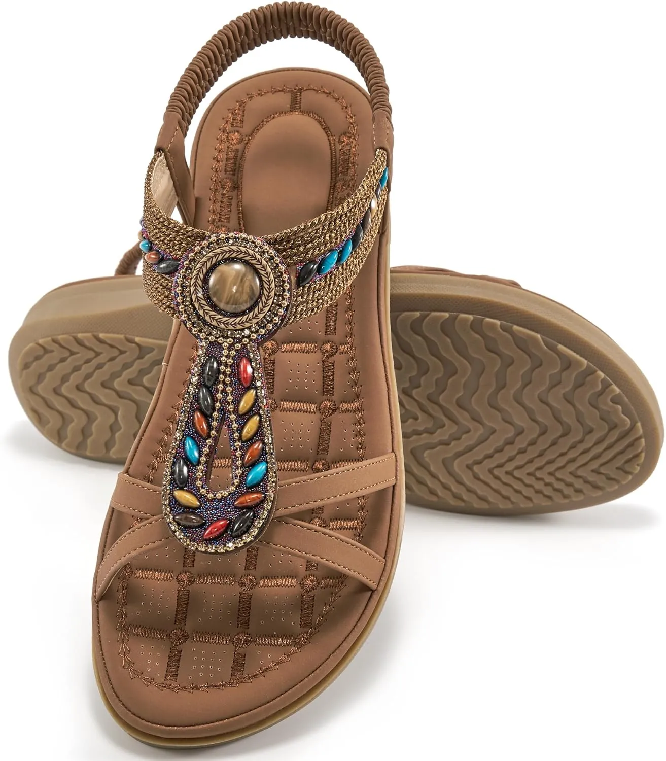 Ecetana Flat Sandals for Women 2025 Dressy Summer Boho Strappy Sandals Comfortable Slip on Beach Walking Shoes