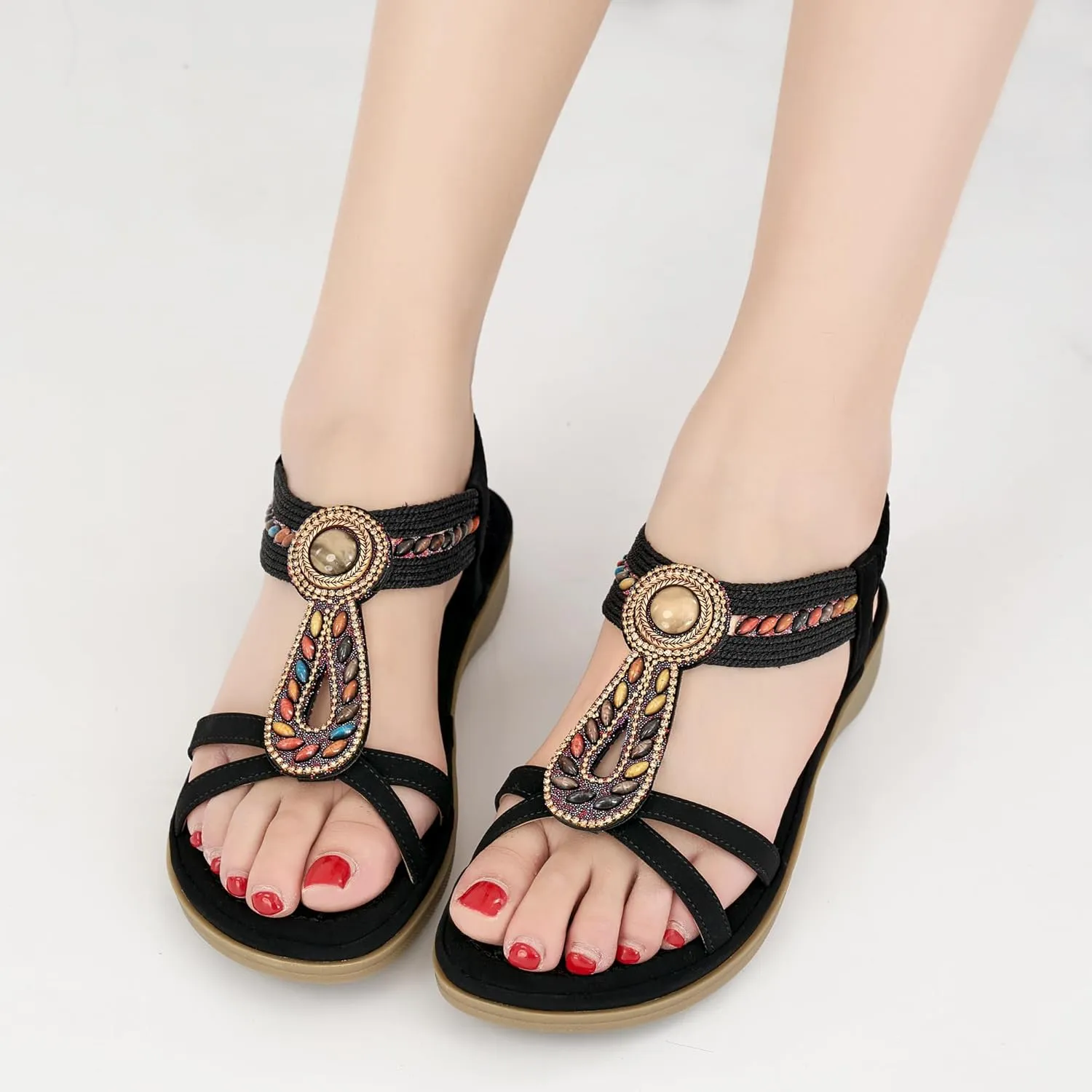 Ecetana Flat Sandals for Women 2025 Dressy Summer Boho Strappy Sandals Comfortable Slip on Beach Walking Shoes