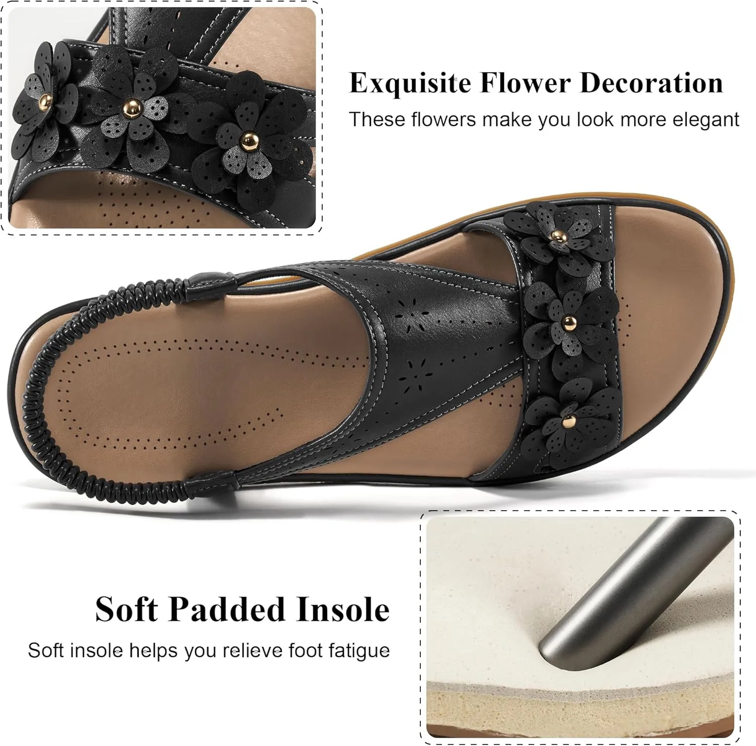 Ecetana Womens Sandals Dressy Summer Beach Casual Elastic Strap Slip on Flat Shoes with Memory Foam