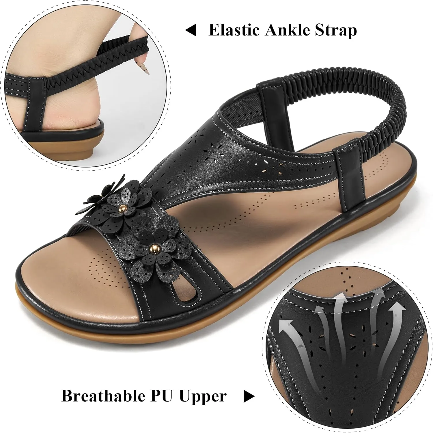Ecetana Womens Sandals Dressy Summer Beach Casual Elastic Strap Slip on Flat Shoes with Memory Foam