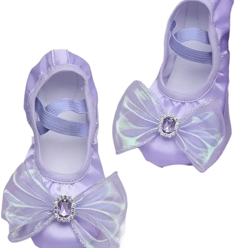 Elegant Pink Ballet Dance Shoes for Girls with Soft Sole - Sparkling Bow & Gemstone Accents, Comfortable Fabric Slip-On Design for Gymnastics, Cheerleading & Training - Ballet Shoes