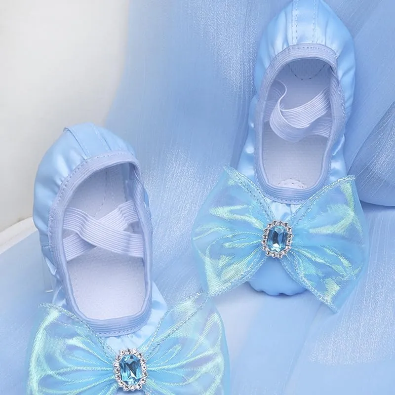 Elegant Pink Ballet Dance Shoes for Girls with Soft Sole - Sparkling Bow & Gemstone Accents, Comfortable Fabric Slip-On Design for Gymnastics, Cheerleading & Training - Ballet Shoes