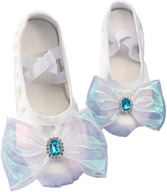 Elegant Pink Ballet Dance Shoes for Girls with Soft Sole - Sparkling Bow & Gemstone Accents, Comfortable Fabric Slip-On Design for Gymnastics, Cheerleading & Training - Ballet Shoes