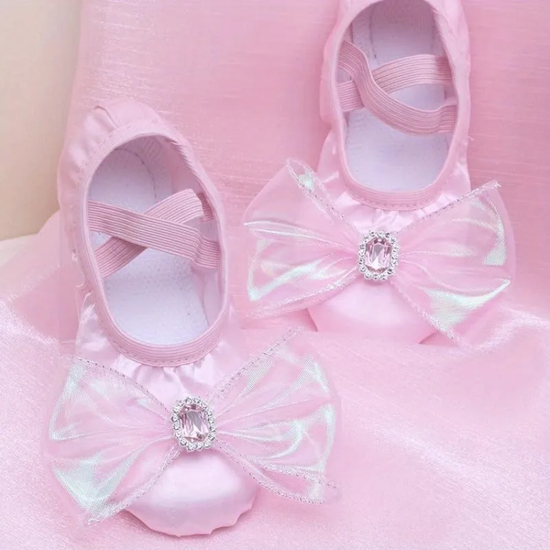 Elegant Pink Ballet Dance Shoes for Girls with Soft Sole - Sparkling Bow & Gemstone Accents, Comfortable Fabric Slip-On Design for Gymnastics, Cheerleading & Training - Ballet Shoes