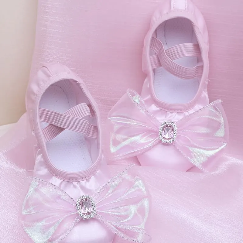 Elegant Pink Ballet Dance Shoes for Girls with Soft Sole - Sparkling Bow & Gemstone Accents, Comfortable Fabric Slip-On Design for Gymnastics, Cheerleading & Training - Ballet Shoes