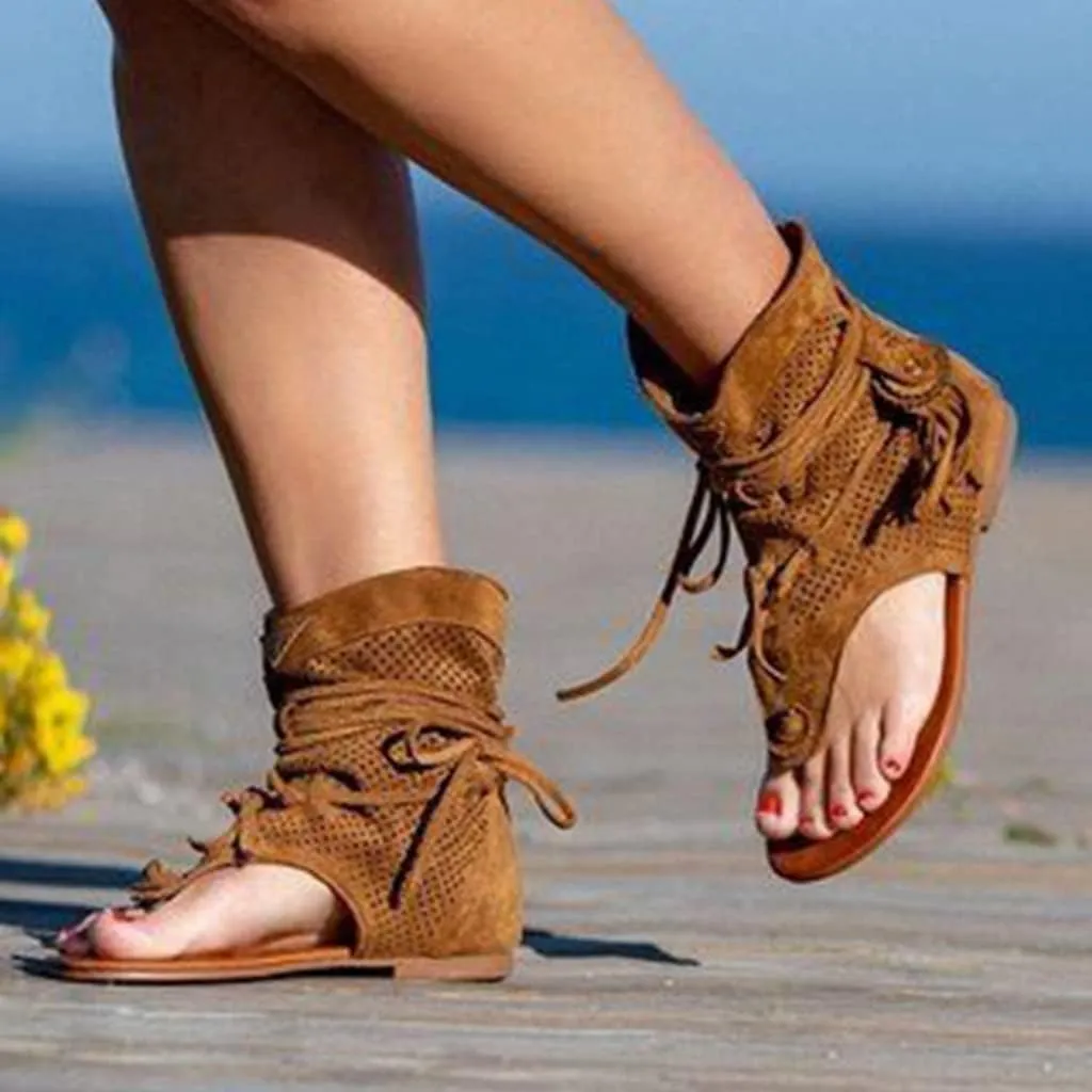 Flat Tassel Gladiator Sandals for Women Summer Leisure Bohemian Back Strappy Fringe Dressy Open-Toe Thong Sandals
