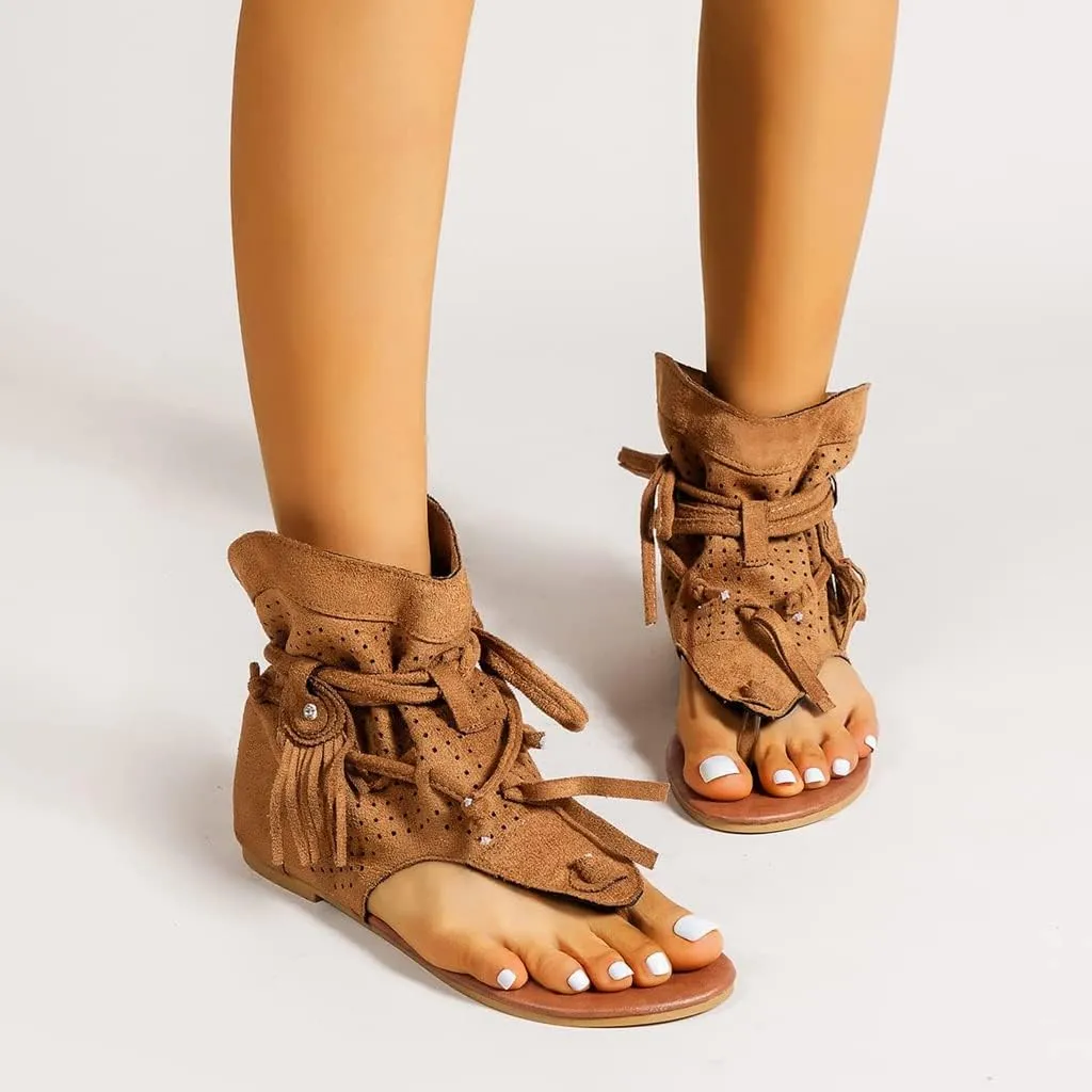 Flat Tassel Gladiator Sandals for Women Summer Leisure Bohemian Back Strappy Fringe Dressy Open-Toe Thong Sandals