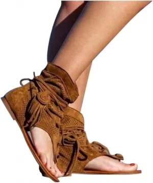 Flat Tassel Gladiator Sandals for Women Summer Leisure Bohemian Back Strappy Fringe Dressy Open-Toe Thong Sandals