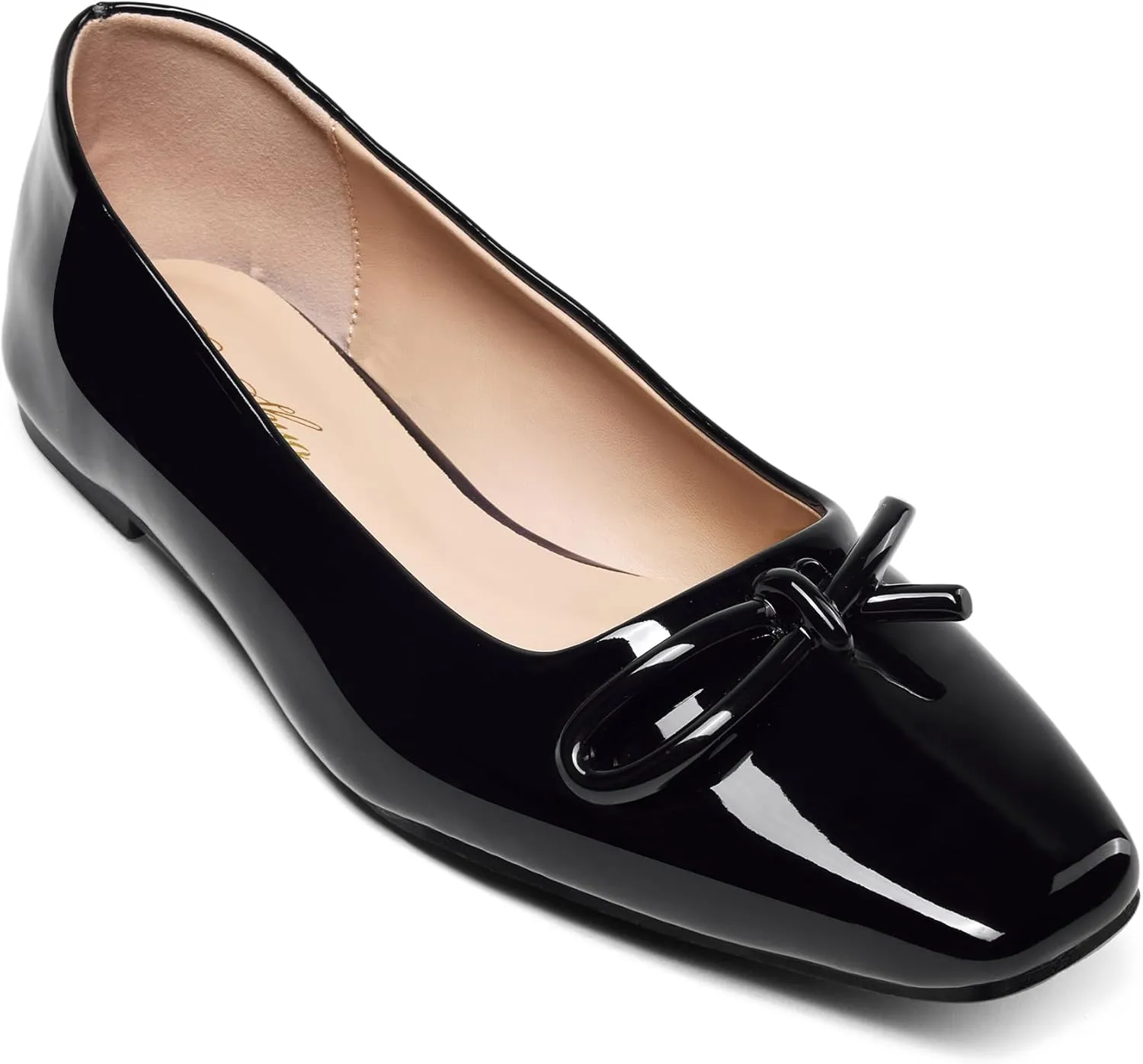 GENSHUO Womens Square Toe Flats Metal Bow Slip On Ballet Flats Comfort Low Heel Shoes Classic and Chic