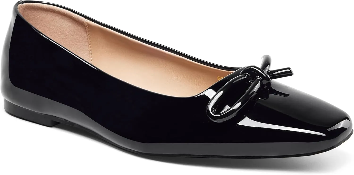 GENSHUO Womens Square Toe Flats Metal Bow Slip On Ballet Flats Comfort Low Heel Shoes Classic and Chic