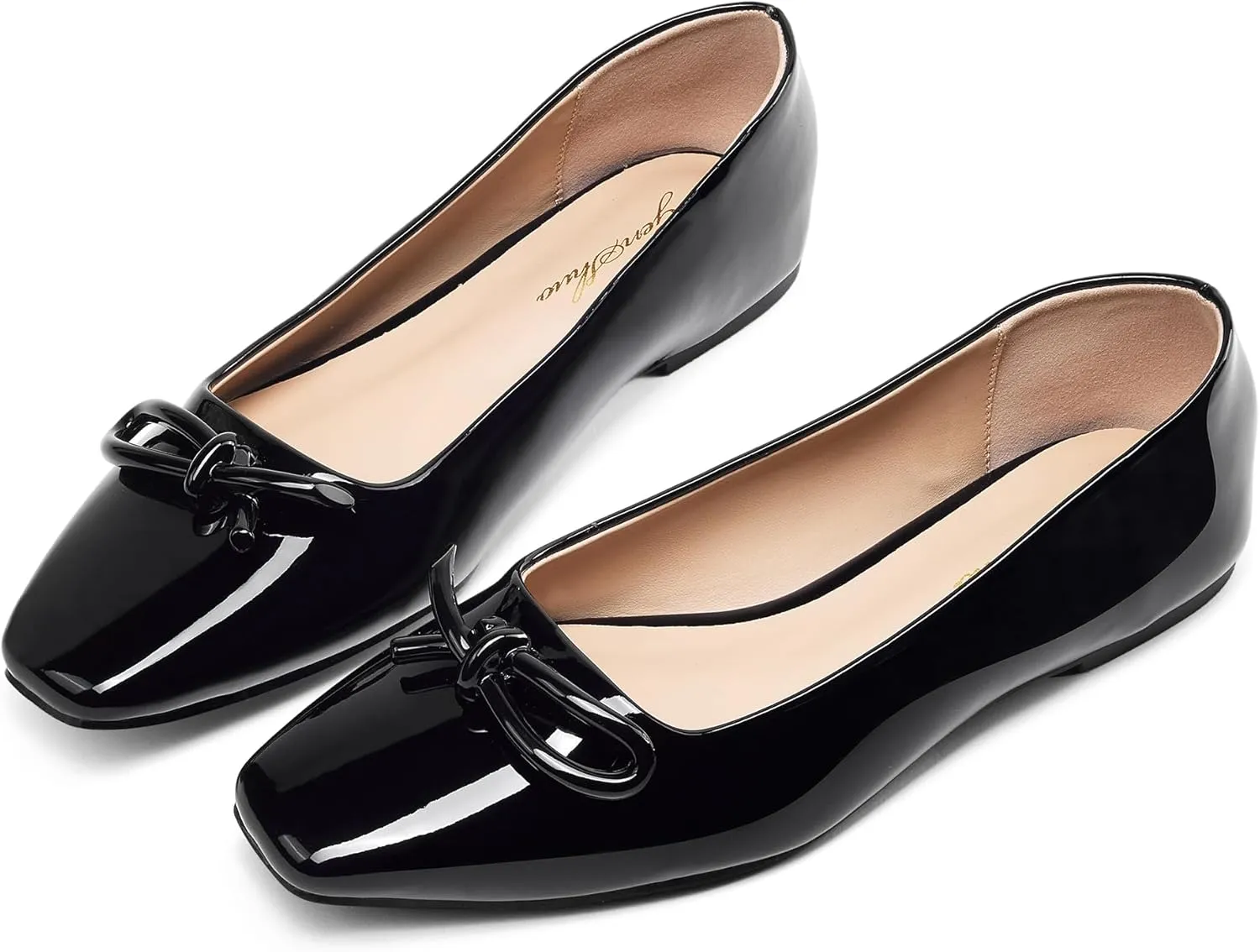 GENSHUO Womens Square Toe Flats Metal Bow Slip On Ballet Flats Comfort Low Heel Shoes Classic and Chic