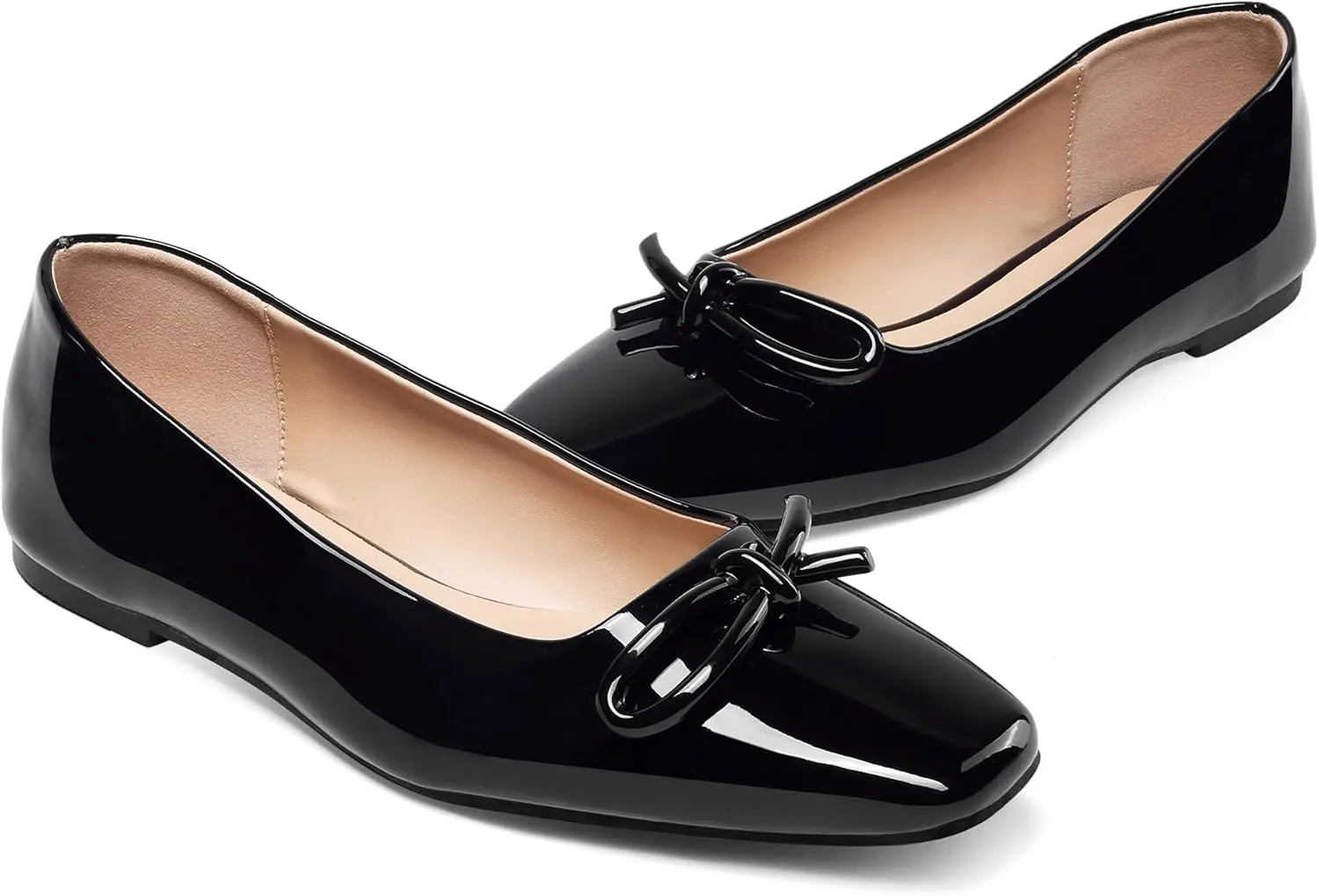 GENSHUO Womens Square Toe Flats Metal Bow Slip On Ballet Flats Comfort Low Heel Shoes Classic and Chic