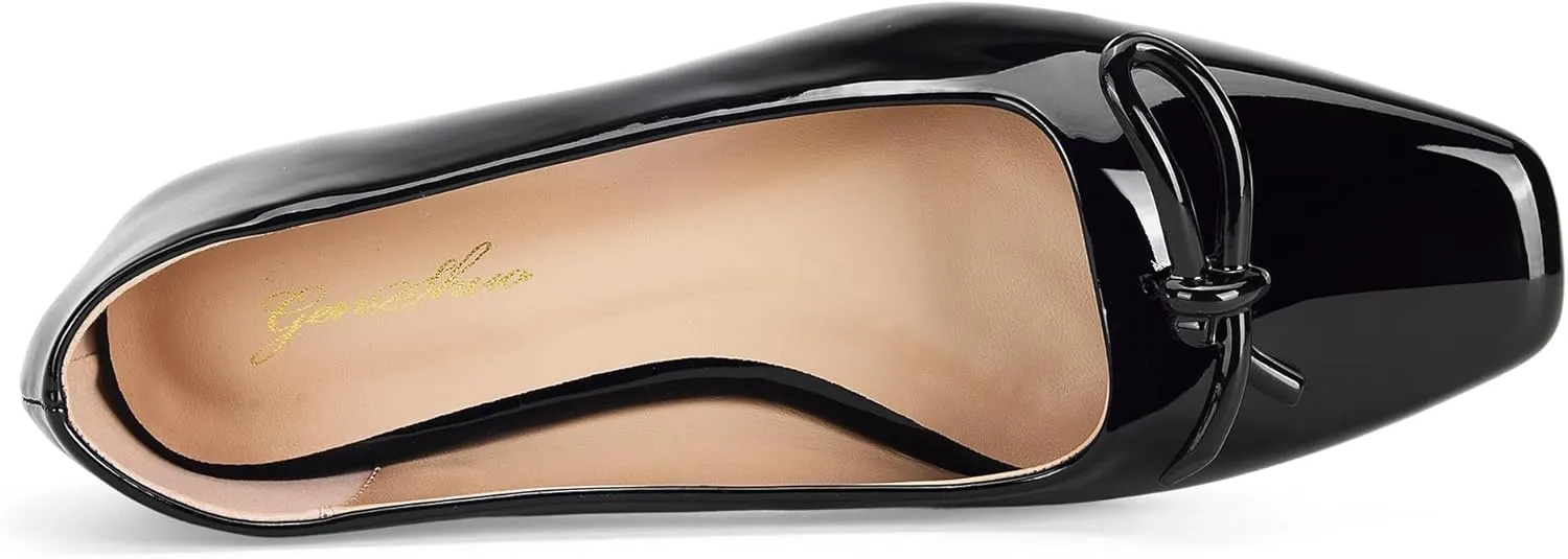 GENSHUO Womens Square Toe Flats Metal Bow Slip On Ballet Flats Comfort Low Heel Shoes Classic and Chic