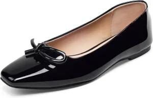 GENSHUO Womens Square Toe Flats Metal Bow Slip On Ballet Flats Comfort Low Heel Shoes Classic and Chic