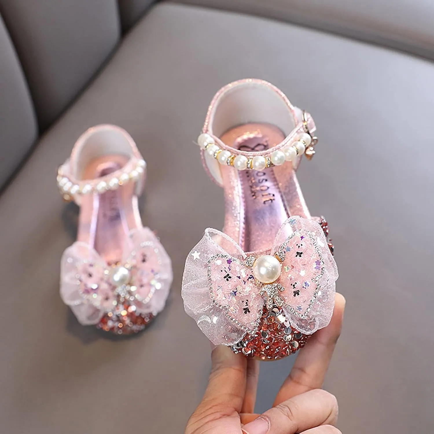 Girls Ballet Shoes Bow Plastics Pearl Color Matching Gradient Spring Shoes for Girls Strap Leather Sandals