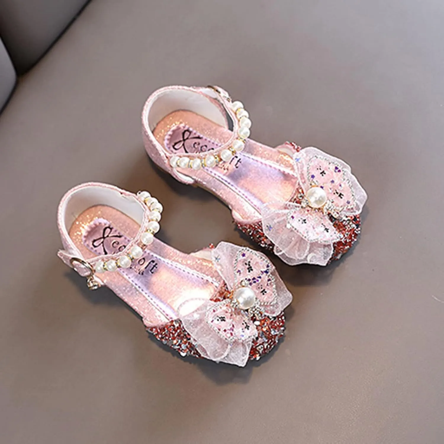 Girls Ballet Shoes Bow Plastics Pearl Color Matching Gradient Spring Shoes for Girls Strap Leather Sandals