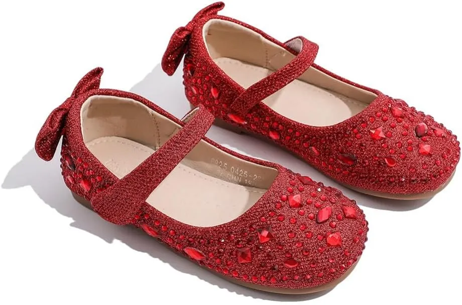 Girls Mary Jane Ballet Ballerina Flats Wedding Party Rhinestone Studded Slip On Princess Dress Shoes for Toddler Little/Big Kid