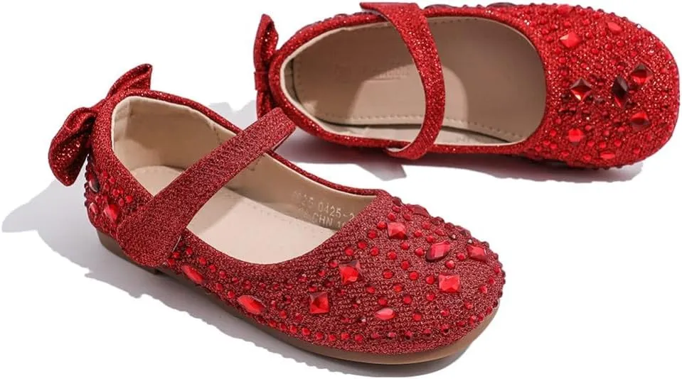 Girls Mary Jane Ballet Ballerina Flats Wedding Party Rhinestone Studded Slip On Princess Dress Shoes for Toddler Little/Big Kid