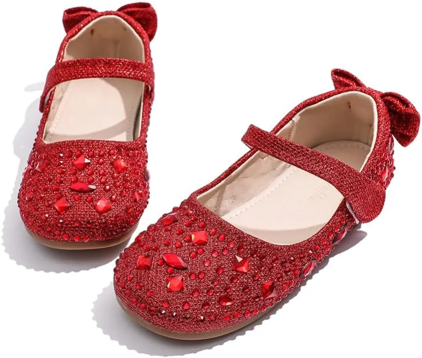 Girls Mary Jane Ballet Ballerina Flats Wedding Party Rhinestone Studded Slip On Princess Dress Shoes for Toddler Little/Big Kid
