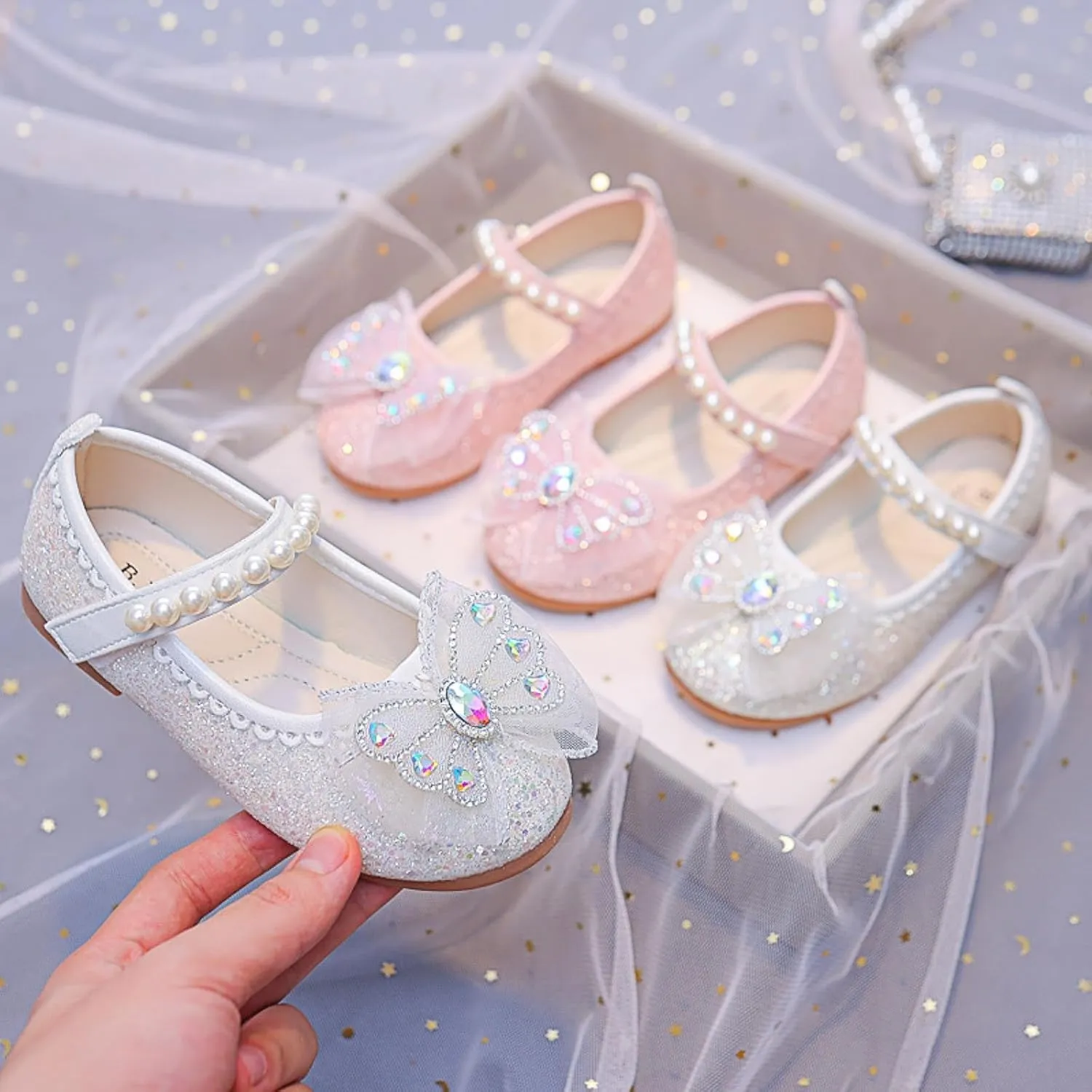 Girls Sandals Fashion Cute Bow Pearl Decorated Flat Comfortable Casual Summer Shoes for Toddler Kids Lightweight