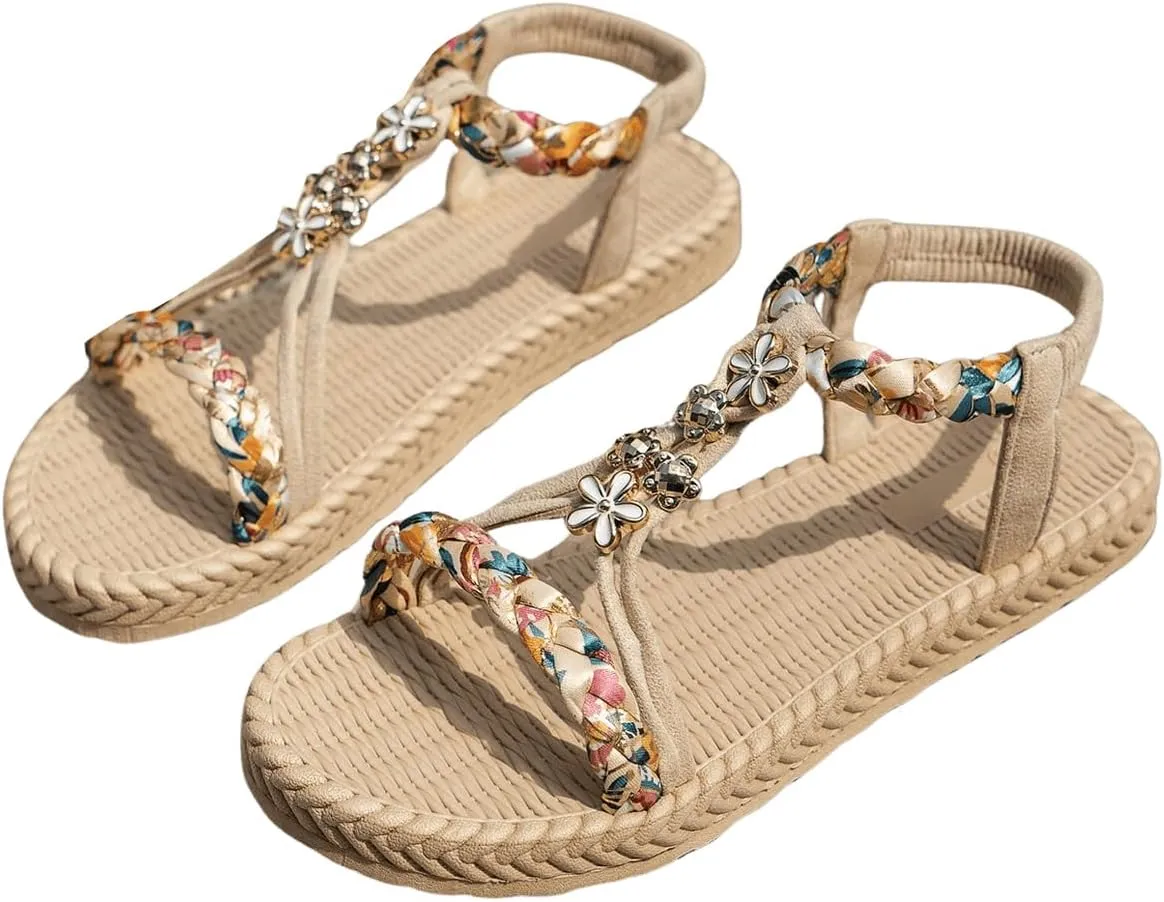 GORGLITTER Women's Bohemian Beach Boho Sandals Ankle Strap Flip Flops Comfortable Dressy Shoes