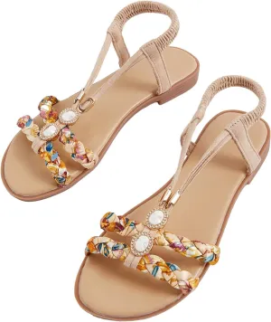 GORGLITTER Women's Bohemian Beach Boho Sandals Ankle Strap Flip Flops Comfortable Dressy Shoes